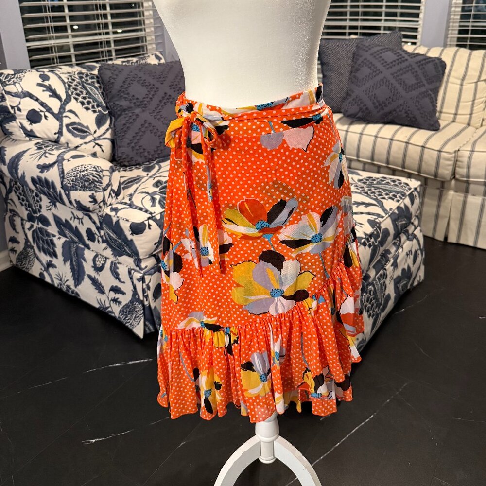 CAbi M Wrap Skirt Orange and Yellow Print